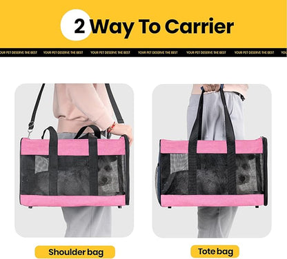 Cat Carrier Airline Approved, Soft-Sided Dog Carrier with Inner Safety Leash, Pet Transport Carrier for Small-Medium Cats Puppies up to 15 Lbs, Collapsible Travel Kitten Carrier Bag -Pink M