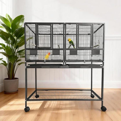 43 Inch Bird Cage with Wooden Perches, Standing Wrought Iron Birdcage with Wheels, Large Parrot Cage Bird Cages with Slide-Out Tray Water Bottle Feeder for Parakeets,Cockatiel, Canary,Pigeons