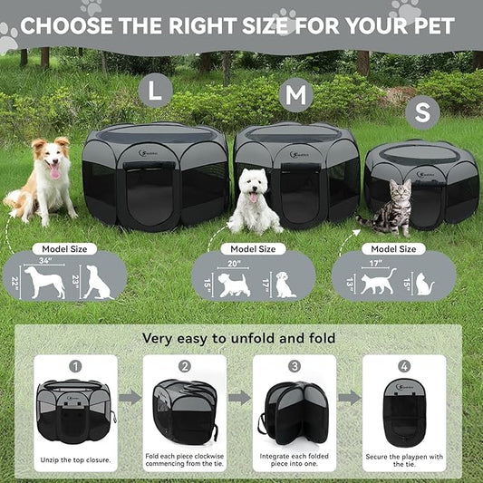 Dog Cat Playpen with Washable Pee Pad, Puppy Pet Playpen Indoor for Small Dog Crate Tent Cage Outdoor, Portable Pop Up Dogs Enclosure Kennel with Carrying Case,Dark Grey