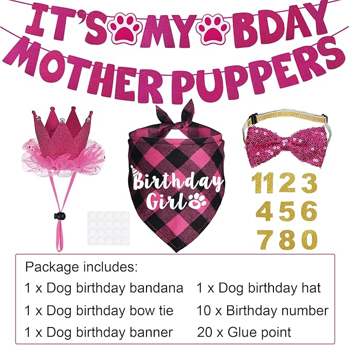 Dog Birthday Decorations, Multi Sizes Dog Birthday Bandana Girl Dog Birthday Hat Crown Bow Tie Birthday Numbers It’s My Bday Mother Puppers Sign Banner for Large Extra Large Dogs (Pink, X-Large)