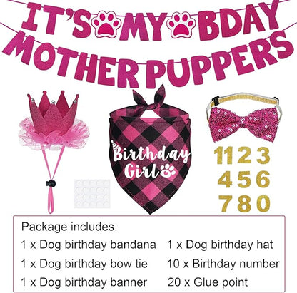 Dog Birthday Decorations, Multi Sizes Dog Birthday Bandana Girl Dog Birthday Hat Crown Bow Tie Birthday Numbers It’s My Bday Mother Puppers Sign Banner for Large Extra Large Dogs (Pink, X-Large)