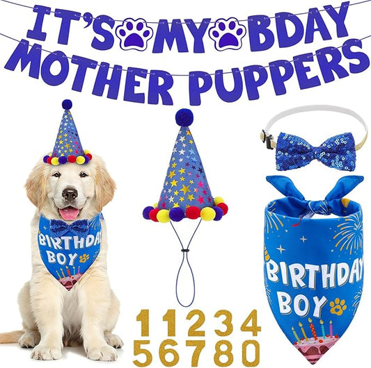 Dog Birthday Decorations, Dog Birthday Hat with Numbers Bandana Bow Tie It’s My Bday Mother Puppers Banner for Small Medium Large Dogs Pets Supplies(Blue)