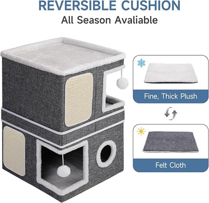 Shikha 2-Storey Cat Houses for Indoor Cats, Dual-Purpose Double Large Cat Beds Cave with Hideaway Condos, Scratch Pads, Fluffy Balls, Foldable Indoor Cat Cube House for Multi Small Pets Kitten, Grey