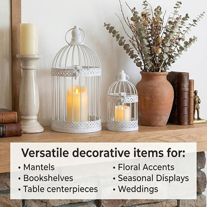 Vela Lanterns Bird Cage Decor Candle Holder Lantern Decorative Wedding Table Centerpiece Decorations, 10" and 6" Tall, White, Set of 2
