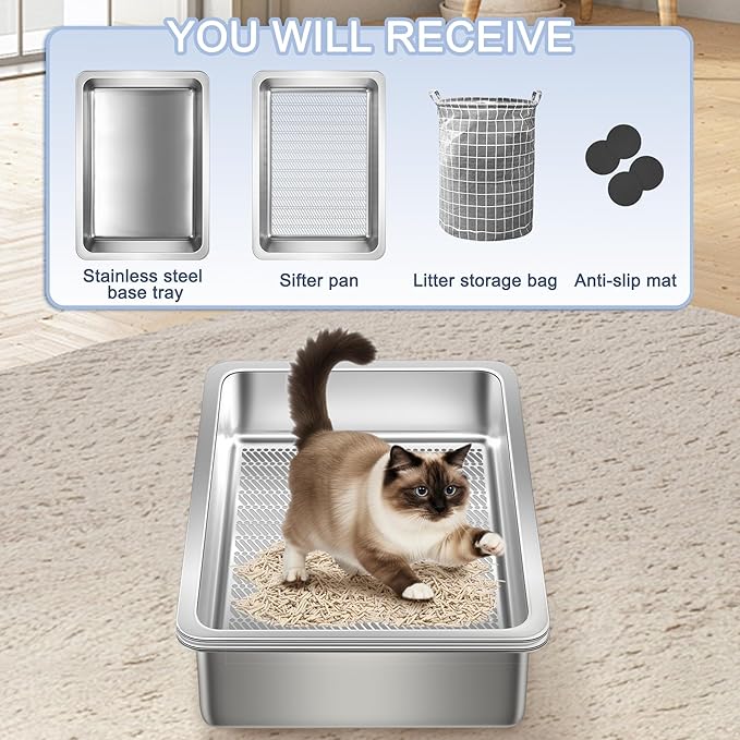 Teheao 2 Pack Stainless Steel Sifting Cat Litter Box for Clumping Litter, Kitty Large Metal Sifter Tray Pan with Cat Litter Bag, Low Dust, Odor Control, Easy Cleaning (15.7"*11.8"*5.9")