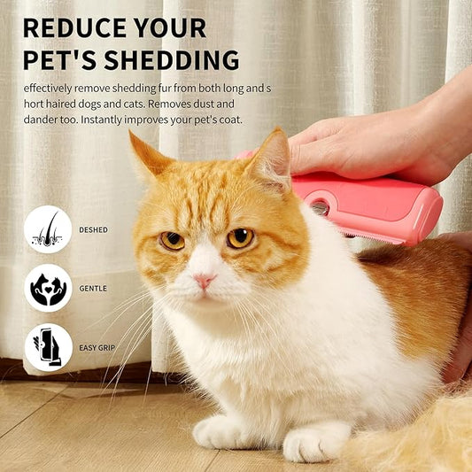 Cat & Small Pet Deshedding Brush & Shedding Blade, Gentle Undercoat Grooming Tool for Short & Medium Fur and Double Coats, Replaceable Metal Blade, Ergonomic Handle, Pink
