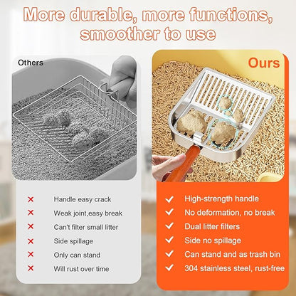 Stainless Steel Cat Litter Scoop with Holder, Kitty Poop Scooper Stand for Litter Box, Fast Sifting Non-Stick Cat Poop Scooper with Coarse and Fine Grids for All Litter Pan, Gray