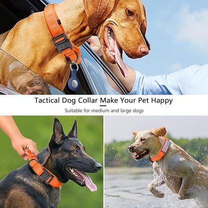 DAGANXI Tactical Dog Collar, Adjustable Military Training Nylon Dog Collar with Control Handle and Heavy Metal Buckle for Medium and Large Dogs, with Patches and Airtags Case (Orange, S)