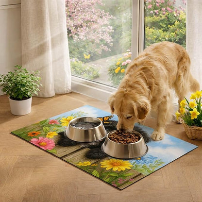 Spring Pet Feeding Mat 24" x 16"Puppy and Butterfly Floral Garden Design Non Slip Cat and Dog Bowl Mat Easy Clean Pet Food Mat Pet Placemat for Dog and Cat Feeding Area Kitchen Floor Decor