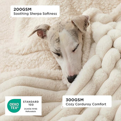 Bedsure ComfyFleece™ Waterproof Dog Blankets for Large Dogs - Soft Pet Cat Blanket Corduroy Fleece for Couch Protector Washable, Cozy Calming Reversible Furniture Protection,40"x50", Cream