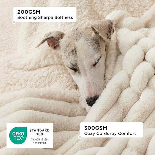 Bedsure ComfyFleece™ Waterproof Dog Blankets for Large Dogs - Soft Pet Cat Blanket Corduroy Fleece for Bed Protector Washable, Cozy Calming Reversible Furniture Protection,60"x80", Cream