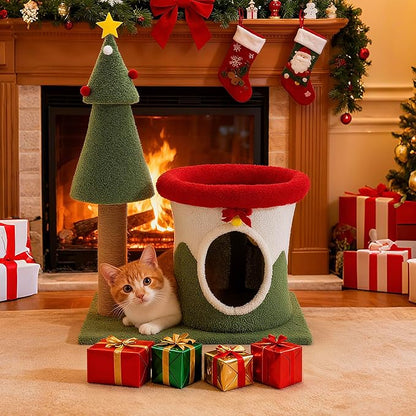 COSIEST 30in Christmas Cat Tree for Kittens, Kitty Condo with Top Perch, Small Cat Tree House with Sisal Scratching Posts, Cat Safe Christmas Tree Tower for Indoor Cats, Activity Center, Red & Green