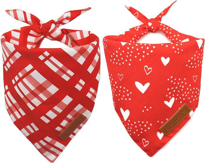 Realeaf Valentine's Day Dog Bandanas 2 Pack, Reversible Red Plaid Heart Dog Scarf for Boy and Girl, Premium Durable Fabric, Holiday Love Bandana for Large and Extra Large Dogs Pets (X-Large)