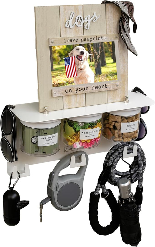 Dog Treat Holder For Wall Storage For Pets, Premium Pet Wall Organizer, Includes Three 16oz Airtight Dog Treat Jars, 3 Sets of Triple Hooks, Sturdy Shelf in Designer White