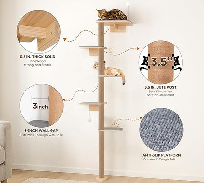 Floor to Ceiling Cat Tree for Kittens, 5-Tier Wall Mounted Cat Wall Shelves with Grey Felt Pads, Adjustable Wild Simulation Cat Tower, Natural Pine Wood Platforms for Climb, Scratch and Lookout