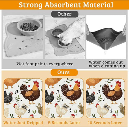 Dog Bowl Mat,Chickens Roosters Pet Feeding Mat for Floors Waterproof,Plants Leaf Absorbent Dogs Placemat for Food and Water Quick Dry Pet Cat Feeding Mats with Non Slip Bottom 16" x 24"