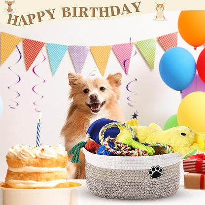 Zopeal Puppy Dog Toy Gift Storage Basket with Dog Toys Set Chew Toys Birthday Gift Basket Teething Interactive Squeaky Duck for Teething Small Medium Large Dogs(Khaki)