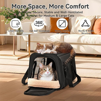 PETSFIT Large Cat Car Carrier with Patented Safety Buckles(19 x 12 x 12) – Roomy Escape-Proof for Safe Driving, Lockable Zippers & Safety Tether, Soft-Sided Travel Carrier for Road Trips & Vet Visits