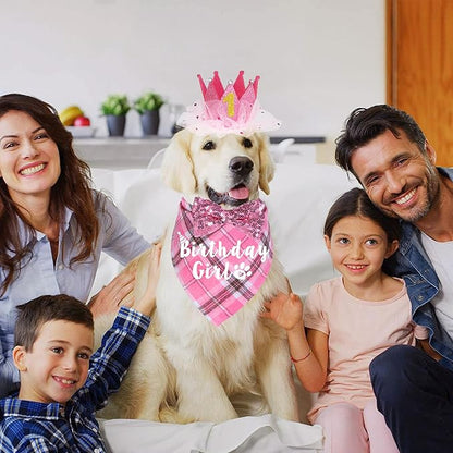 Dog Birthday Party Supplies, Multi Sizes Dog Birthday Hat Crown with Numbers Bandana Girl Bow Tie for Medium Large Dogs Pets (Pink, Large)