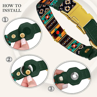 AirTag Dog Collar for Small Medium Large Breed - Adjustable Cute Pattern Dog Collar with Airtag Holder - Soft Leather Tracker GPS Apple Air Tag Pet Collars (Medium, 14"-18" Neck Fit, Tribal)