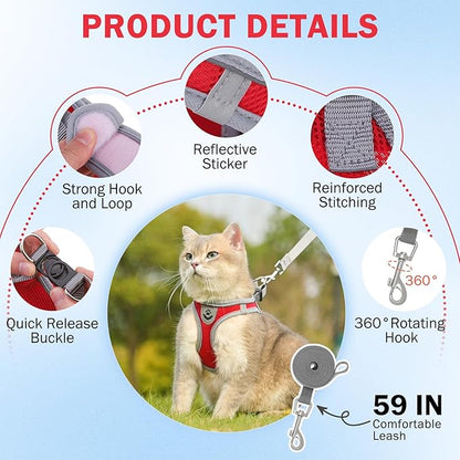 SCENEREAL Cat Harness and Leash Set Escape Proof, Adjustable Soft Air Mesh Kitten Harnesses for Girls Boys Small Medium Big Cats, Reflective Light Travel Pet Walking Vest for Puppy Rabbit, Red L