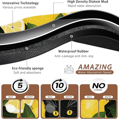 Black Cat Funny Dog Food Mat for Floors,Lemon Absorbent Pet Food and Water Bowl Mats,Non-Slip Pet Feeding Mat,Pet Supplies 12" x 20"
