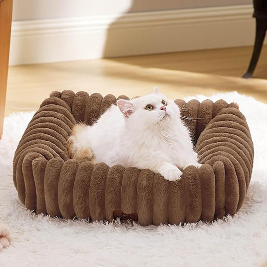 Bedsure ComfyFleece™ Cute Dog Bed for Small Dogs & Cats - Washable Furry Puppy Beds, Rectangle Orthopedic Corduroy Fleece Pet Beds with Removable Zipper Cover, 20x19x6inches, Camel Brown
