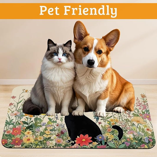 Dog Bowl Mat,Cat Black Pet Feeding Mat for Floors Waterproof,Color Flowers Absorbent Dogs Placemat for Food and Water Quick Dry Pet Cat Feeding Mats with Non Slip Bottom 12" x 20"