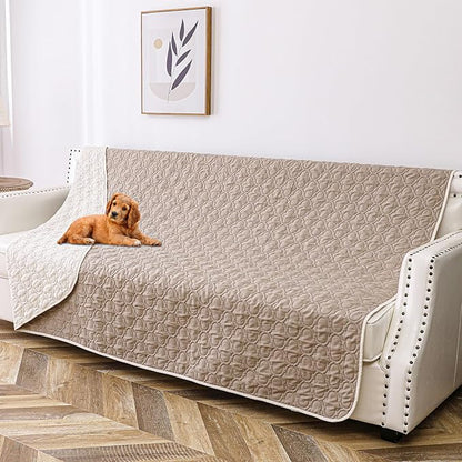 Waterproof Blanket for Bed, Reversible Dog Couch Cover Pet Sofa Furniture Protector Machine Washable King Size(82x102 Inch, Cream+Khaki)