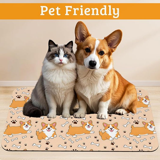 Corgi Feeding Mat,Cute Dogs Absorbent Quick-Dry Cat Dog Food and Water Bowl Mats,Non-Slip Rubber Backing Mat,Cat Dog Accessories Supplies 16" x 24"