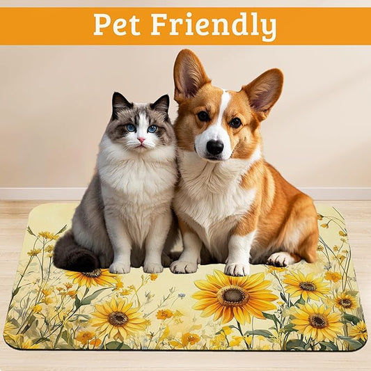 Yellow Floral Feeding Mat,Sunflower Absorbent Quick-Dry Cat Dog Food and Water Bowl Mats,Non-Slip Rubber Backing Mat,Cat Dog Accessories Supplies 12" x 20"
