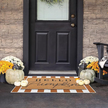 Tinideya 2 Pcs Fall Door Mat Thanksgiving Hello Pumpkin Welcome Non Slip Coir Mats White Orange Buffalo Plaid Floor Layering Doormats Seasonal for Front Porch Entryway Decor(Orange White)