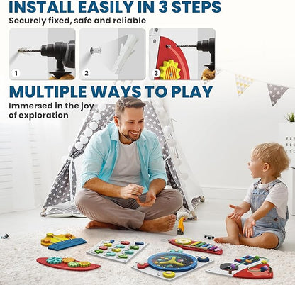 BlueWood Wooden Wall Busy Board Panels, Toddler Learning Activity Center, Montessori Philosophy Sensory, Educational Toys, Conducive to All-Round Development - Rocket