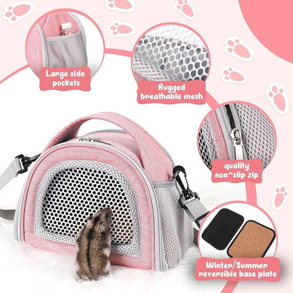 YUDODO Hamster Carrier Guinea Pig Carrier Bag Small Animal Sugar Glider Pouch Gerbil Hedgehog Portable Travel Carrier Outdoor Hangbag Flying Squirrel Rat Carrier Pink