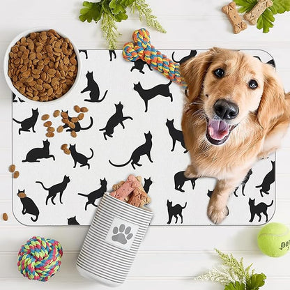 Funny Black Cat Dog Food Mat,Absorbent Pet Feeding Mat with Rubber Backing,Non-Slip Water Bowl Placemat,Indoor Pet Accessories Supplies 16"x24"