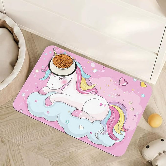 Cute Unicorn Dog Food Mat for Floors,Cloudy Pink Stars Absorbent Pet Food and Water Bowl Mats,Non-Slip Pet Feeding Mat,Pet Supplies 12" x 20"