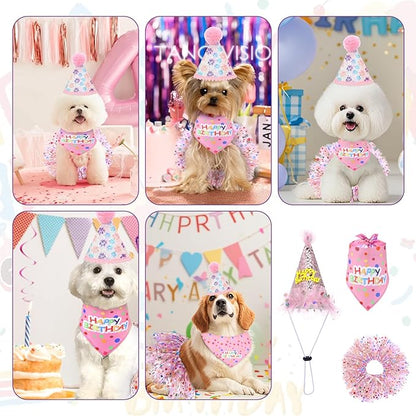 Dog Birthday Bandana with Hat and Dress Girl Set Puppy Birthday Party Supplies Cute Tutu Skirt Outfit for Small Medium Large Dogs Decorations(Purple) (Rose red)