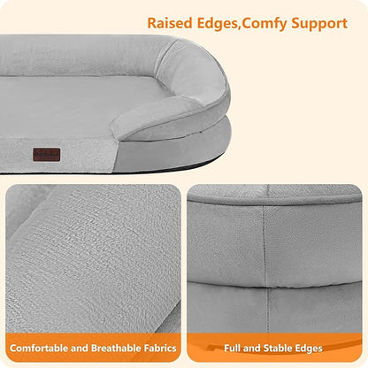 Dwanton Orthopedic Dog Bed for Large Dogs with Gel Memory Foam, Waterproof Dog Sofa, Washable Pet Bed with Four Sided Bolster Cushion, Removable Cover & Non-Slip Bottom, 42", Light Gray