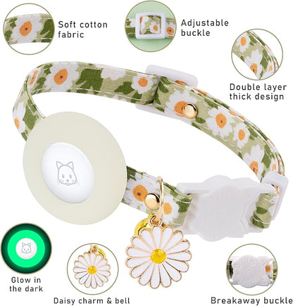 Airtag Cat Collar, JXFUKAL Kitten Collar Breakaway with Silicone Airtag Holder, Bells & Flower Charm for Girl Cats Boy Cats Small Dogs(Luminous Green)