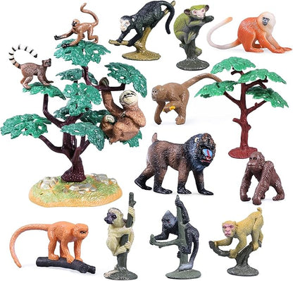 16Pcs Monkey Animal Figures Set, Assorted Wild Primate Toys with Sloth, Mandrill, Ring-Tailed Lemur Gorilla and Trees for Kids Educational Birthday Cake Decoration Party Favor School Projects