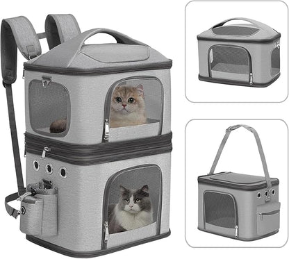 Detachable Double Pet Carrier Backpack for Cats and Small Dogs, Cat Travel Carrier for 2 Cats, Perfect for Traveling/Hiking/Camping, Grey