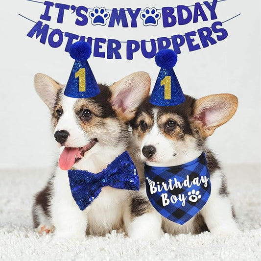 Dog Birthday Party Supplies, Multi Sizes Dog Birthday Hat with Numbers Bandana Bow Tie It’s My Bday Mother Puppers Sign Banner for Small Dogs Pets (Small, Blue)