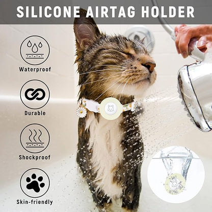 Airtag Cat Collar, JXFUKAL Kitten Collar Breakaway with Silicone Airtag Holder, Bells & Flower Charm for Girl Cats Boy Cats Small Dogs(Luminous Green)
