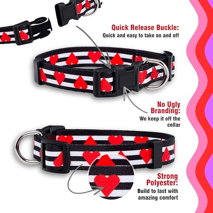 Native Pup Valentine’s Dog Collar- Valentines Day Pet Collars- Valentine Girly Hearts- Pink Red Heart- Cute Boy Girl Puppy Gift- Adjustable for Small, Medium, Large Breeds (Striped Hearts, Large)