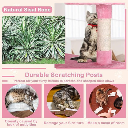 Heavy Duty Cat Tree Tower, 54" Tall Cat Tower for Indoor Cats with Cat Scratching Post with Bed, Cat Condo, Hanging Ball, Multi-Level Cat Climbing Tower Cat Trees Furniture Activity Center, Pink