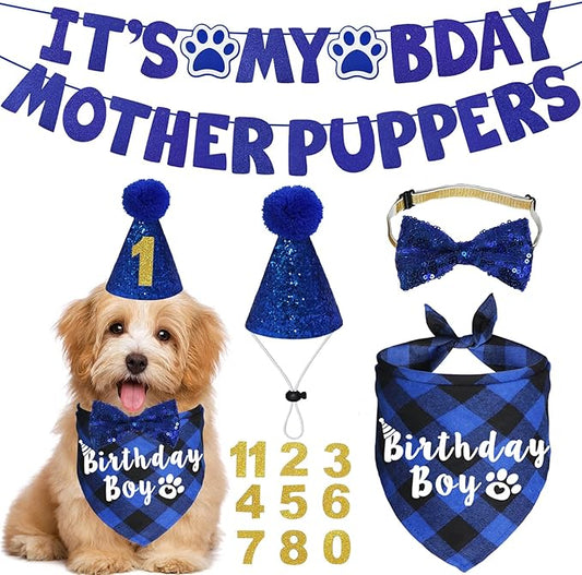 Dog Birthday Party Supplies, Multi Sizes Dog Birthday Hat with Numbers Bandana Bow Tie It’s My Bday Mother Puppers Sign Banner for Small Dogs Pets (Small, Blue)