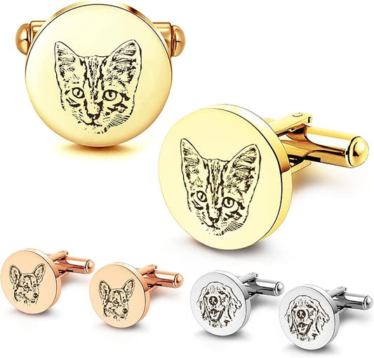 Anavia Pet Portrait & Handwriting Cufflinks Tie Clip Gift Box Set, Personalized Sketch Style Photo Engraving Men's Jewelry Accessories for Father Dad Brother Boyfriend Husband Wedding Birthday Gift