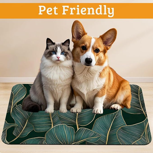 Tropical Palm Feeding Mat,Green Leaves Absorbent Quick-Dry Cat Dog Food and Water Bowl Mats,Non-Slip Rubber Backing Mat,Cat Dog Accessories Supplies 16" x 24"