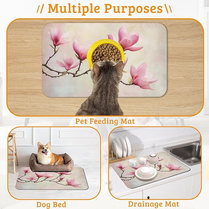 Pink Magnolia Feeding Mat,Vintage Flowers Absorbent Quick-Dry Cat Dog Food and Water Bowl Mats,Non-Slip Rubber Backing Mat,Cat Dog Accessories Supplies 16" x 24"
