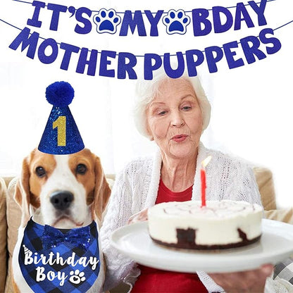 Dog Birthday Party Supplies, Multi Sizes Dog Birthday Hat with Numbers Bandana Bow Tie It’s My Bday Mother Puppers Sign Banner for Medium Large Dogs Pets (Large, Blue)